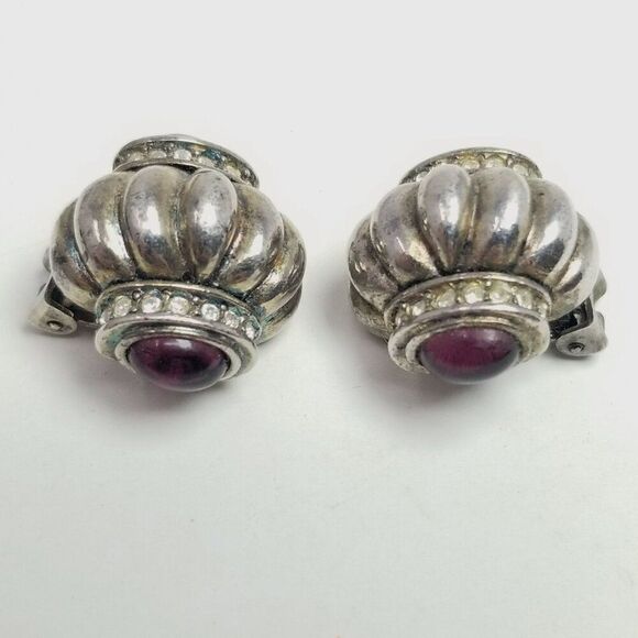 Vintage Silver Tone Fluted Clip On Earrings with Side Dark Red Cabochons, Signed - Picture 9 of 9
